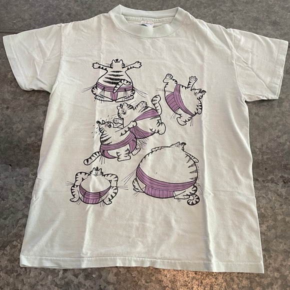 Vintage Sumo Wrestler Cats Single Stitch Tee Shirt Womens Small Blue Funny 80s - Picture 1 of 13
